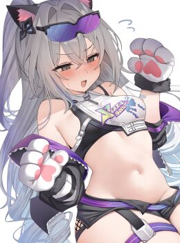 1girl animal_ears animal_hands black_bra black_shorts blush bra breasts cat_ears cat_paws cropped_jacket crossed_bangs curvy deep_skin dot_nose drill_hair drill_ponytail embarrassed eyewear_on_head fishnets glasses gloves gradient-tinted_eyewear grey_eyes grey_hair hair_between_eyes highres honkai:_star_rail honkai_(series) jacket koba_(kobako42) long_hair looking_down medium_breasts midriff narrow_waist navel official_alternate_costume official_alternate_hairstyle open_clothes open_jacket paw_gloves paw_pose purple-tinted_eyewear purple_jacket shiny_skin short_shorts shorts shy silver_wolf_(honkai:_star_rail) silver_wolf_(lv.999)_(honkai:_star_rail) simple_background skindentation sleeveless small_breasts solo surprised thick_thighs thigh_strap thighs tinted_eyewear twin_drills underwear upper_body very_long_hair white_background
