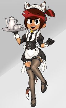 1girl animal_ears apron bell black_dress black_eyes black_gloves black_necktie black_shoes black_thighhighs blush brown_hair cat_ears cat_girl cat_tail choker cup dark_skin disney dress eyes_visible_through_hair fake_animal_ears fake_tail gloves grey_background high_heels holding holding_tray jingle_bell looking_at_viewer maid maid_apron maid_headdress molly_mcgee neck_bell necktie open_mouth ponytail puffy_sleeves rukisan(pixiv) shoes short_hair short_sleeves smile standing standing_on_one_leg tail teacup teapot teeth the_ghost_and_molly_mcgee thighhighs tray waitress white_apron wrist_cuffs