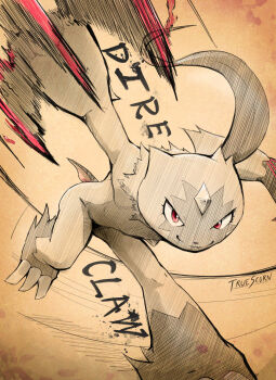 artist_name claws closed_mouth commentary dire_claw_(pokemon) english_commentary english_text eyelashes fang forehead_jewel hatching_(texture) highres motion_blur nintendo pokemon pokemon_(creature) pokemon_focus pokemon_move red_eyes slashing smile sneasler solo truescorn v-shaped_eyes