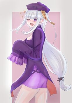 1girl absurdres alternate_costume aoihana_15 blush breasts bug dress emilia_(re:zero) fang halloween halloween_costume hat highres jiangshi jiangshi_costume long_hair looking_at_viewer low-tied_long_hair ofuda one_eye_closed open_mouth pointy_ears purple_eyes qingdai_guanmao re:zero_kara_hajimeru_isekai_seikatsu sleeves_past_fingers sleeves_past_wrists smile solo sparkle white_hair