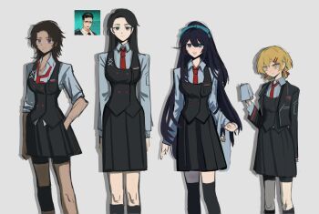 4girls black_hair blonde_hair breasts brown_hair dark-skinned_female dark_skin feet_out_of_frame genderswap genderswap_(mtf) green_eyes headband heathcliff_(project_moon) heterochromia highres hong_lu_(project_moon) kneehighs large_breasts limbus_company long_hair looking_at_viewer medium_breasts medium_hair meursault_(project_moon) multiple_girls necktie project_moon sinclair_(project_moon) skirt socks thighhighs vgh3pncsgb22169 yellow_eyes