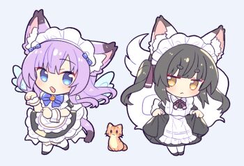 2girls :&lt; alternate_costume angel_wings animal_ear_fluff animal_ears apron black_dress black_hair blue_bow blue_bowtie blue_eyes blunt_bangs bow bowtie cat cat_ears cat_girl cat_tail chibi chibi_only curtsey dress enmaided fox_ears fox_girl fox_tail looking_at_viewer maid maid_apron maid_headdress multiple_girls open_mouth original paw_pose purple_hair short_eyebrows simple_background suzuno_(suzuno3110) tail thick_eyebrows twintails white_background wings wrist_cuffs yellow_eyes