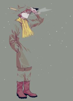 Rule 34 | 1boy, adjusting clothes, adjusting headwear, arm up, boots, breath, brown boots, brown eyes, closed mouth, coat, commentary request, grey background, hand in pocket, hat, highres, kan 002, long sleeves, looking back, male focus, moomin, pants, scarf, sideways glance, smile, snow, snufkin, solo, standing, yellow scarf