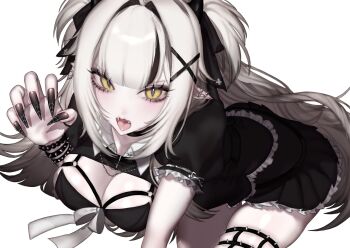 1girl bead_bracelet beads black_choker black_dress black_nails black_ribbon bracelet breasts choker ciri_(vtuber) cleavage cleavage_cutout clothing_cutout commission dress ear_piercing eyelashes fangs fingernails frilled_dress frills ha_10_poppo hair_intakes hair_ribbon highres indie_virtual_youtuber jewelry leaning_forward long_fingernails long_hair necklace open_mouth piercing pointy_ears ribbon shadow skeb_commission solo spider_web_pattern spiked_bracelet spikes two_side_up virtual_youtuber white_ribbon yellow_eyes