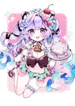 1girl :d bell bikini black_bow blueberry blush bow breasts cake cleavage commission food food-themed_hair_ornament frilled_thigh_strap frills fruit green_bikini hair_ornament highres himegamik holding large_breasts long_hair looking_at_viewer maid_headdress navel neck_bell open_mouth otogi_nemu purple_eyes purple_hair re:act sandals sensitive smile solo strawberry swimsuit thigh_strap virtual_youtuber