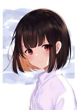 Rule 34 | 1girl, brown hair, closed mouth, collared shirt, commentary request, dress shirt, highres, looking at viewer, multicolored hair, original, red eyes, riya (01214), shirt, short hair, smile, solo, two-tone hair, upper body, white shirt