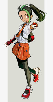 1girl :d absurdres bag black_hair black_pantyhose breast_pocket collared_shirt commentary eudetenis eyelashes full_body gloves green_hair happy highres holding holding_poke_ball multicolored_hair necktie nemona_(pokemon) nintendo open_mouth orange_eyes orange_necktie orange_shorts pantyhose pantyhose_under_shorts pocket poke_ball poke_ball_(basic) pokemon pokemon_sv ponytail shirt shoes short_sleeves shorts single_glove smile solo standing teeth two-tone_hair upper_teeth_only white_shirt