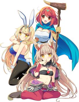 3girls animal_ear_fluff animal_ears ass bare_shoulders black_pantyhose black_tube_top blonde_hair blue_cape blue_leotard breasts brown_hair cape cat_ears cat_girl cleavage commentary_request cosplay dragon_quest dragon_quest_iii dress fake_animal_ears fake_tail full_body gadabout_(dq3) gadabout_(dq3)_(cosplay) gem green_gemstone highres holding holding_staff large_breasts leotard long_hair monster_wrangler_(dq3) monster_wrangler_(dq3)_(cosplay) multiple_girls mythra_(xenoblade) nia_(blade)_(xenoblade) nia_(xenoblade) pantyhose playboy_bunny pyra_(xenoblade) rabbit_ears rabbit_tail red_eyes red_hair sage_(dq3) sage_(dq3)_(cosplay) short_hair simple_background small_breasts staff strapless strapless_leotard tail tiara tube_top watsuki_ayamo white_background white_dress xenoblade_chronicles_(series) xenoblade_chronicles_2 yellow_eyes