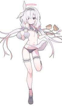 1girl absurdres alternate_costume anklet apron armband bikini black_bikini black_choker black_eyes black_shoes blue_archive blush bow bracelet breasts cake cake_slice champagne_flute choker collarbone colored_inner_hair commentary cup drinking_glass english_commentary food frilled_apron frilled_armband frilled_bikini frilled_thigh_strap frills frown full_body gluteal_fold gradient_hair hair_bow hair_over_one_eye halo highres holding holding_plate holding_tray jewelry loli long_hair looking_at_viewer low_twintails maid_headdress multicolored_hair navel parted_bangs petite pink_apron pink_hair plana_(blue_archive) plate red_halo s10021 shoes simple_background small_breasts solo standing standing_on_one_leg stomach string_bikini swimsuit thigh_strap tray twintails very_long_hair waist_apron white_background white_bow white_hair
