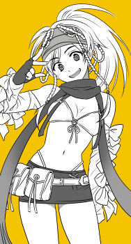 1girl bikini braid breasts final_fantasy final_fantasy_x final_fantasy_x-2 fingerless_gloves gloves greyscale hair_ornament headband highres ichi_(ichiyarou) long_hair looking_at_viewer monochrome navel open_mouth rikku_(ff10) scarf simple_background skirt small_breasts smile solo sphere_hair_ornament swimsuit v