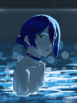 1girl absurdres blue_choker blue_hair breasts chainsaw_man choker green_eyes grenade_pin hair_between_eyes hair_bun highres looking_at_viewer partially_submerged pool reze_(chainsaw_man) small_breasts solo sstraw water wet wet_hair