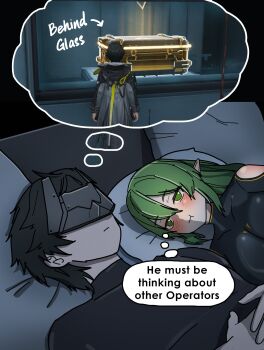 1boy 1girl absurdres arknights arknights:_endfield black_bodysuit black_hair black_mask black_shirt blush bodysuit commentary dorahdew endministrator_(arknights) english_commentary fluorite_(arknights) game_screenshot_inset green_eyes green_hair hands_on_own_chest highres looking_at_viewer lying male_endministrator_(arknights) on_back on_bed pillow pointy_ears screenshot_inset shirt speech_bubble thought_bubble