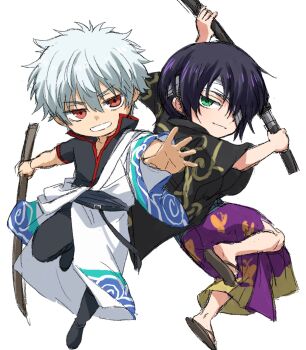 2boys bandage_over_one_eye black_boots black_hair black_pants black_shirt bokken boots closed_mouth commentary_request deformed gintama green_eyes grey_hair grin hadanugi_dousa hair_between_eyes highres holding holding_sheath holding_sword holding_weapon japanese_clothes katana kimono long_sleeves looking_at_viewer male_focus messy_hair multiple_boys open_clothes open_kimono outstretched_arm pants popped_collar purple_hair purple_kimono red_eyes sakana_02g sakata_gintoki sandals sheath shirt shoe_soles short_sleeves simple_background smile sword takasugi_shinsuke unsheathing weapon white_background white_kimono wide_sleeves wooden_sword zouri