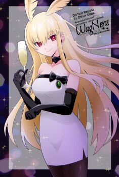 1girl bare_shoulders black_gloves blonde_hair breasts commentary_request cup dress drinking_glass elbow_gloves fate/grand_order fate_(series) feathered_wings gloves head_wings highres large_breasts long_hair looking_at_viewer red_eyes signature smile solo thrud_(fate) valkyrie_(fate) wagu_neru water white_dress wine_glass wings