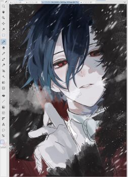 1boy akuma_shitsuji_to_kuroi_neko aqua_hair art_program_in_frame black_fur black_hair breath clip_studio_paint clip_studio_paint_(medium) coat empty_eyes expressionless fur-trimmed_coat fur-trimmed_hood fur_cuffs fur_trim gloves gradient_hair hair_between_eyes haures_clifford high_collar highres hood hood_up long_sleeves looking_at_viewer male_focus mmsr_xx motion_blur multicolored_hair pale_skin parted_lips red_coat red_eyes screencap shirt short_hair snowing solo two-tone_hair upper_body white_gloves white_shirt wind