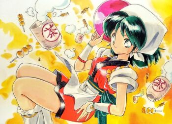 1girl apron back_bow bell bow closed_mouth commentary_request cup dango feet_out_of_frame food green_bow green_eyes green_hair green_sash hand_on_own_hip hand_up headscarf holding holding_plate japanese_clothes jingle_bell kimono kneehighs medium_hair miyao_gaku orange_kimono original plate sash short_kimono signature smile socks solo steam thighs wagashi waist_apron white_apron white_headscarf white_socks wrist_belt yunomi