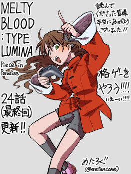 1girl :d ahoge arima_miyako bike_shorts black_bow black_socks blush bow chinese_clothes controller game_controller green_eyes grey_background hair_bow highres holding holding_controller holding_game_controller index_finger_raised looking_at_viewer melty_blood melty_blood:_type_lumina metarogu official_art open_mouth pink_shoes shoes smile socks teeth tsukihime two_side_up upper_teeth_only wavy_hair