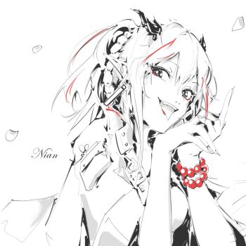 1girl arknights earrings greyscale highres jewelry khrnnfz monochrome nian_(arknights) pointy_ears sharp_teeth sharp_tongue simple_background sketch solo teeth tongue tongue_out white_background
