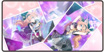 1girl alpha_transparency animal_ear_fluff animal_ears arms_up artist_request black_dress black_gloves black_headband black_overskirt blue_archive blue_eyes blush bow cat_ears choker collarbone dancing dress flower flower_as_hat fluffy_hair frilled_choker frills game_cg gloves grey_dress grey_feathers hair_between_eyes hairband halo hat hat_flower headband highres idol idol_clothes lens_flare long_hair looking_at_viewer mari_(blue_archive) mari_(idol)_(blue_archive) mini_hat mini_top_hat multiple_views non-web_source official_art orange_hair photo_(object) rose simple_background sleeveless smile solo sweat top_hat wrist_wrap yellow_flower yellow_halo yellow_rose