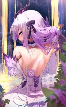 1girl absurdres adjusting_hair arm_up back backless_dress backless_outfit bare_shoulders black_tiara blush breasts bright_pupils bug butterfly butterfly_earrings butterfly_ornament castorice_(honkai:_star_rail) commentary_request dress earrings flower flower_ornament from_behind gloves hair_lift hand_in_own_hair hands_in_own_hair highres holding holding_own_hair honkai:_star_rail honkai_(series) insect jewelry large_breasts long_hair looking_at_viewer looking_back outdoors pointy_ears purple_butterfly purple_eyes purple_flower purple_gloves purple_hair revision shumai_il solo tiara very_long_hair white_dress white_pupils