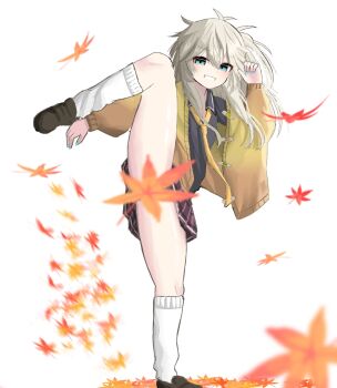 1girl arms_up autumn_leaves black_shirt blonde_hair blue_eyes brown_shoes cardigan commentary_request convenient_censoring falling_leaves full_body high_kick highres kasukabe_tsumugi kicking kneehighs leaf necktie open_cardigan open_clothes ren256 shirt shoes skirt smile socks solo teeth thighs voicevox white_background white_socks yellow_cardigan yellow_necktie
