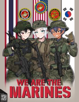 3girls ;) absurdres american_flag arm_around_shoulder artist_name assault_rifle belt black_belt black_gloves black_hair blue_eyes borrowed_character breasts brown_eyes brown_gloves camouflage camouflage_hat camouflage_pants commentary english_commentary english_text gloves grin gun hair_between_eyes hat highres korean_text military military_combat_uniform military_fatigues military_hat military_uniform multiple_girls one_eye_closed original pants pouch regina_derringer republic_of_korea_marine_corps rifle royal_thai_marine_corps scope sergeant_joo short_hair slit_pupils smile south_korean_flag standing thai_flag thai_text united_states_marine_corps watermark weapon weapon_request white_hair zerofid