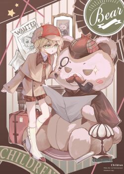 1boy :o absurdres aged_down alkaid_mcgrath animal arm_at_side award_ribbon bear_hat_ornament blonde_hair book book_stack boots border brown_border brown_capelet brown_hat brown_jacket buttons capelet children's_day chinese_commentary clothed_animal collared_shirt commentary_request deerstalker desk_lamp detective double-breasted english_text facial_hair full_body gradient_background green_background green_eyes hair_between_eyes hat highres holding holding_magnifying_glass irregular_border jacket knee_boots lamp leaning_forward long_sleeves looking_at_object looking_down lovebrush_chronicles magnifying_glass male_focus mustache official_alternate_costume photo_(object) picture_frame plaid_clothes plaid_shorts red_hat red_shorts rug sentient_stuffed_toy shirt short_hair short_shorts shorts sleeves_past_wrists smoking_pipe smoking_pipe_in_mouth snow234 solo sparkle standing star_(symbol) striped_background stuffed_animal stuffed_toy suitcase table teddy_bear two-tone_hat wanted_poster white_background white_boots white_shirt