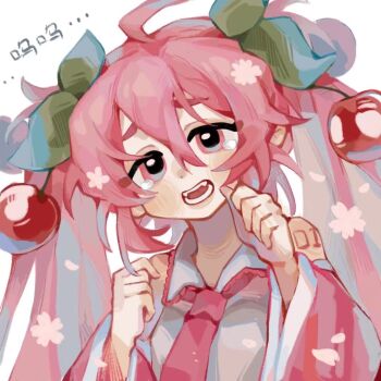 ahoge arm_tattoo cherry cherry_blossoms detached_sleeves eyelashes falling_petals fang flower food fruit hair_between_eyes hair_ornament hatsune_miku long_hair long_sleeves looking_afar makeup necktie number_tattoo open_mouth petals pink_eyes pink_flower pink_hair pink_necktie pink_petals rouge_(makeup) sakura_miku shirt short_eyebrows shoulder_tattoo square suuroku tattoo tears teeth twintails upper_body vocaloid white_background wide_sleeves