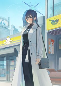 1girl absurdres alternate_costume bag belt black_belt black_pants black_sweater blue_archive blue_eyes blue_hair blue_halo blue_sky blush breasts closed_mouth coat colored_inner_hair commentary day door earrings halo handbag highres hoop_earrings jewelry large_breasts long_hair looking_at_viewer multicolored_hair necklace niji_(rudduf232) no_mask outdoors pants ribbed_sweater saori_(blue_archive) screen sky smile storefront sweater turtleneck turtleneck_sweater white_coat window