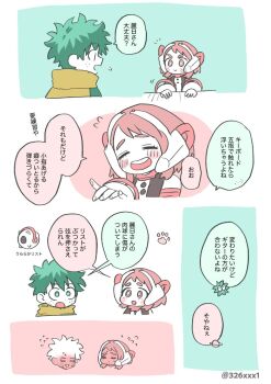 1boy 1girl blush boku_no_hero_academia border brown_eyes brown_hair closed_eyes commentary_request flying_sweatdrops freckles green_eyes green_hair headset highres midoriya_izuku open_mouth saburou_(326xxx1) scarf short_hair smile superhero_costume teeth twitter_username upper_body upper_teeth_only uraraka_ochako white_border yellow_scarf