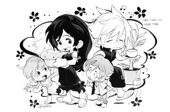 Rule 34 | 2boys, 2girls, 4k1030, absurdres, arm ribbon, bare shoulders, black shorts, black vest, braid, braided ponytail, cake, closed eyes, closed mouth, cloud strife, commentary, cup, denzel (ff7), earrings, english commentary, english text, final fantasy, final fantasy vii, final fantasy vii: advent children, flower, food, full body, greyscale, hair ribbon, highres, holding, holding cake, holding cup, holding food, hood, hood down, hoodie, jewelry, long hair, looking at another, marlene wallace, monochrome, multiple boys, multiple girls, musical note, notice lines, open clothes, open hoodie, open mouth, plant, potted plant, ribbon, shirt, short hair, shorts, sleeveless, sleeveless shirt, sleeveless turtleneck, slippers, smile, spiked hair, standing, sweater, tea, teacup, tifa lockhart, turtleneck, turtleneck sweater, twitter username, vest