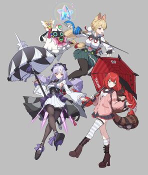 1other 3girls alice_thymefield animal_ears animal_on_back ascot bangboo_(zenless_zone_zero) black_nails bow bowtie braid braided_twintails breast_curtains cardigan center_frills chest_bow drill_hair frills gem hair_ornament hairband hearing_aid heterochromia highres holding holding_umbrella kamanosuke_(zenless_zone_zero) kinokare miss_esme_(zenless_zone_zero) mole mole_under_eye multiple_girls patterned_legwear pink_cardigan pointy_ears purple_ascot purple_bow purple_bowtie purple_gemstone purple_hair purple_hairband purple_umbrella rabbit_ears rabbit_girl raccoon red_hair shrug_(clothing) sideboob_cutout sphere_hair_ornament tanuki twintails ukinami_yuzuha umbrella vivian_banshee white_shrug yellow_eyes zenless_zone_zero