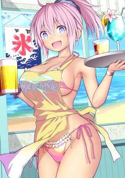 1girl absurdres alcohol aoba_(kancolle) apron beach beer beer_mug bikini blue_eyes breasts clothes_writing cup day drinking_straw flower frilled_bikini frills hair_between_eyes highres holding holding_cup holding_tray kantai_collection kooribata kuromayu large_breasts looking_at_viewer mug ocean open_mouth outdoors pink_bikini pink_flower pink_hair ponytail scrunchie side-tie_bikini_bottom sky solo swimsuit tray yellow_apron