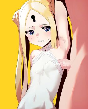 1boy 1girl abigail_williams_(fate) abigail_williams_(swimsuit_foreigner)_(fate) abigail_williams_(swimsuit_foreigner)_(second_ascension)_(fate) armpit_sex armpits bare_shoulders blonde_hair blue_eyes braid braided_bun breasts clothed_female_nude_male covered_navel cum cum_in_clothes disgust dot_nose double_bun dress_swimsuit erection eyebrows fate/grand_order fate_(series) forehead hair_bun hetero keyhole loli long_hair looking_at_penis looking_to_the_side nude one-piece_swimsuit parted_bangs parted_lips penis penis_to_breast penis_under_another&#039;s_clothes sidelocks simple_background small_breasts solo_focus sweat swimsuit twintails uncensored veins veiny_penis very_long_hair viroa white_one-piece_swimsuit yellow_background