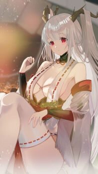 1girl arm_guards azur_lane bare_shoulders blurry blurry_background blush breasts commentary_request dragon_girl dragon_horns feet_out_of_frame grey_hair hair_on_horn hand_up highres horns japanese_clothes knees_up large_breasts long_hair looking_at_viewer parted_lips pelvic_curtain red_eyes revealing_clothes revision shibaebi_(yasaip_game) shimanto_(azur_lane) solo thighhighs white_thighhighs