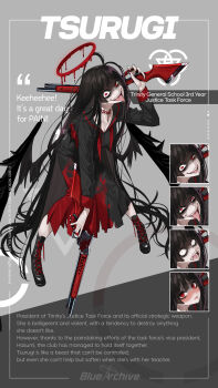 1girl absurdly_long_hair absurdres ahoge angel black_hair black_wings blood blood_halo blood_on_clothes blue_archive boots character_name reference_sheet choker copyright_name dark_halo dripping dual_wielding english_text evil_eyes feathered_wings full_body gun halo highres holding holding_gun holding_weapon liquid_halo long_hair melting_halo mx2j neckerchief official_art over_shoulder red_choker red_eyes red_halo red_neckerchief school_uniform serafuku sharp_tongue shotgun solo tongue tongue_out tsurugi_(blue_archive) undone_neckerchief very_long_hair weapon weapon_over_shoulder winchester_model_1887 wings
