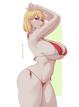 1girl absurdres armpits arms_up bikini blonde_hair breasts cha_hae-in curvy from_side highres large_breasts looking_at_viewer melowh micro_bikini parted_lips purple_eyes red_bikini short_hair side-tie_bikini_bottom solo solo_leveling strap_gap swimsuit thighs two-tone_background
