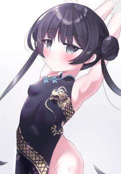 1girl armpits arms_up bare_hips black_dress black_hair blue_archive blush breasts china_dress chinese_clothes chubaki covered_erect_nipples double_bun dragon_print dress female_focus grey_background grey_eyes grey_halo hair_bun halo kisaki_(blue_archive) loli long_eyelashes long_hair looking_at_viewer no_panties pelvic_curtain simple_background sleeveless sleeveless_dress small_breasts solo standing stretching twintails very_long_hair white_background
