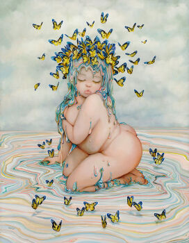 1girl ass breasts bug butterfly camilla_d&#039;errico closed_eyes cloud cloudy_sky commentary dripping eyelashes fat fat_woman feet highres insect keyhole_lips kneeling lips liquid_hair long_hair medium_breasts nose nude original sky solo surreal thick_lips