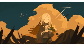 1girl belt black_belt black_hair blonde_hair blue_shorts blue_sky bouquet camisole closed_mouth cloud commentary cowboy_shot dot_nose flipped_hair floating_hair flower gakuen_idolmaster gradient_hair grey_camisole grey_eyes grey_robe hair_ornament hairclip hands_up highres holding holding_bouquet holding_flower idolmaster letterboxed limited_palette long_hair long_sleeves looking_at_viewer midriff multicolored_hair olys open_clothes open_robe outdoors parallel_hairclips parted_bangs robe shinosawa_hiro shorts sky solo split_mouth symbol-only_commentary wide_sleeves wind yellow_flower