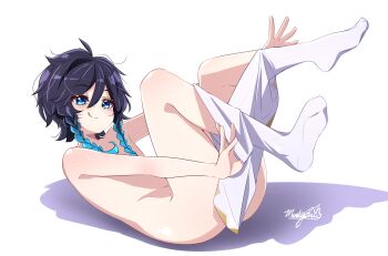 1boy absurdres black_hair blue_eyes blue_hair braid freckles full_body genshin_impact gradient_hair hashtag-only_commentary highres male_focus marky_evan multicolored_hair nude putting_on_legwear shadow short_hair short_hair_with_long_locks signature simple_background solo thighhighs thighs tongue tongue_out twin_braids venti_(genshin_impact) white_background white_thighhighs