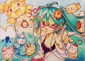 aqua_hair cherry chiikawa chiikawa_(character) cloud commentary english_commentary food fruit furuhonya hachiware_(chiikawa) hatsune_miku hatsune_miku_(natural) highres holding holding_spoon ice ice_cream koiwai_yotsuba kuri_manjuu_(chiikawa) lennardo_(grim_the_end) momonga_(chiikawa) ocean pink_eyes project_diva_(series) shisa_(chiikawa) spoon twintails usagi_(chiikawa) vocaloid yotsubato!