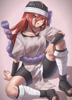 1girl :o absurdres bandages bike_shorts brown_eyes full_body grey_shirt highres hip_bones long_hair looking_at_viewer naruto_(classic) naruto_(series) ninja open_mouth p_giraffa pink_background red_hair sandals shadow shirt short_sleeves tayuya_(naruto)