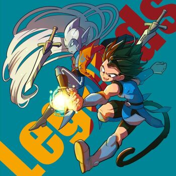 Rule 34 | 2boys, 3llo 3, aqua skin, armor, black eyes, black footwear, black hair, black shirt, black shorts, blue armor, boots, colored skin, commentary request, copyright name, dragon ball, dragon ball legends, floating, floating clothes, floating hair, floating object, floating sword, floating weapon, green eyes, helmet, imminent attack, leg up, long hair, looking down, male focus, monkey boy, monkey tail, multiple boys, muscular, muscular male, open mouth, pointy ears, saiyan armor, shallot (dragon ball), shirt, short hair, shorts, single bang, spiked hair, sword, tail, very long hair, weapon, zahha (dragon ball)