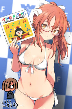 2girls bikini black_bikini breasts brown_hair chibi collarbone commentary_request flustered hair_over_one_eye holding joanna_elizabeth_stafford long_hair looking_at_viewer luminous_witches multiple_girls navel orange_hair ponytail shimada_fumikane small_breasts smile solo_focus steam sweatdrop swimsuit sylvie_cariello world_witches_series yellow_eyes