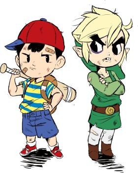 backpack bag bandaid baseball_bat baseball_cap black_eye earthbound_(series) hat highres injury link missing_tooth mother_(series) mother_2 ness_(mother_2) nintendo pointy_ears scrape shorts simple_background striped_clothes teevo the_legend_of_zelda toon_link torn_clothes tunic