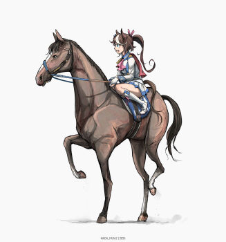 1girl absurdres animal_ears ascot asymmetrical_gloves blue_eyes boots bow bridle brown_hair buttons cape creature_and_personification double-breasted ear_ornament ear_ribbon epaulettes gloves hair_between_eyes high_ponytail highres holding holding_reins horse horse_ears horse_girl horse_tail horseback_riding jacket long_hair long_sleeves mada_fadaz mismatched_gloves multicolored_hair multicolored_jacket open_mouth personification pink_ascot ponytail real_life red_cape reins riding saddle shirt simple_background single_epaulette skirt smile streaked_hair tail teeth thighs tokai_teio_(peak_joy)_(umamusume) tokai_teio_(racehorse) tokai_teio_(umamusume) two-tone_hair two-tone_jacket two-tone_skirt umamusume upper_teeth_only white_background white_boots white_gloves white_hair white_jacket white_skirt