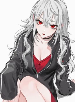 1girl absurdres arm_support black_choker black_jacket breasts choker cleavage collarbone cross cross_print fangs feet_out_of_frame genderswap genderswap_(mtf) hair_between_eyes hand_on_own_knee highres jacket knees_up large_breasts long_hair long_sleeves mole mole_on_collarbone mole_under_eye nijisanji parted_lips partially_unzipped pointy_ears red_eyes red_shirt rta sanya_(2nd_costume)_(kuzuha) sanya_(kuzuha) shirt sidelocks simple_background sitting sleeves_past_wrists solo track_jacket v-neck virtual_youtuber wavy_hair white_background white_hair