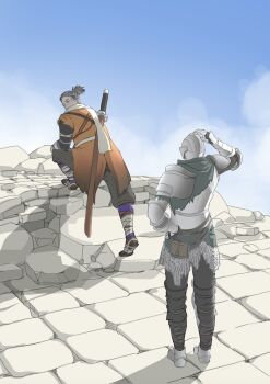 Rule 34 | 2boys, armor, ashen one (dark souls), coat, dark souls (series), fromsoftware, grey scarf, hakama, hakama pants, highres, japanese clothes, katana, kwiaty k, mechanical arms, multiple boys, ninja, orange coat, pants, pleated pants, prosthesis, prosthetic arm, scarf, sekiro, sekiro: shadows die twice, sword, weapon