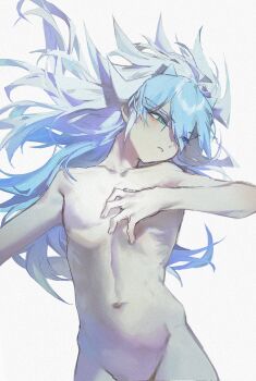 Rule 34 | 1boy, alien 888, antenna hair, bare arms, bare hips, bare legs, bare shoulders, blue hair, completely nude, eyes visible through hair, facial mark, facing viewer, green eyes, hair between eyes, hand on own chest, highres, long hair, looking to the side, male focus, no nipples, nude, out-of-frame censoring, outstretched arm, skinny, turning head, white background, yu-gi-oh!, yu-gi-oh! go rush!!, yudias velgear